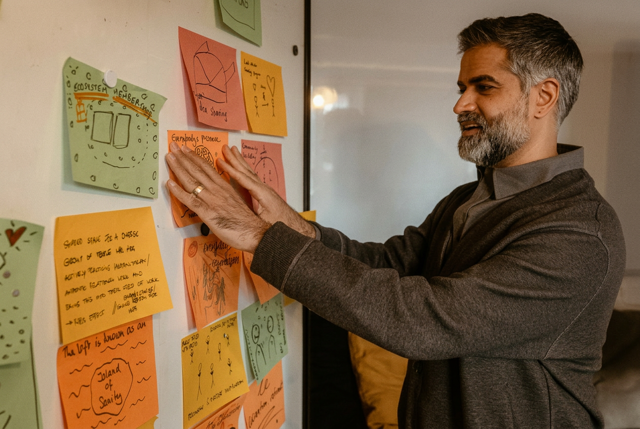 Vishal facilitating a story session at a whiteboard